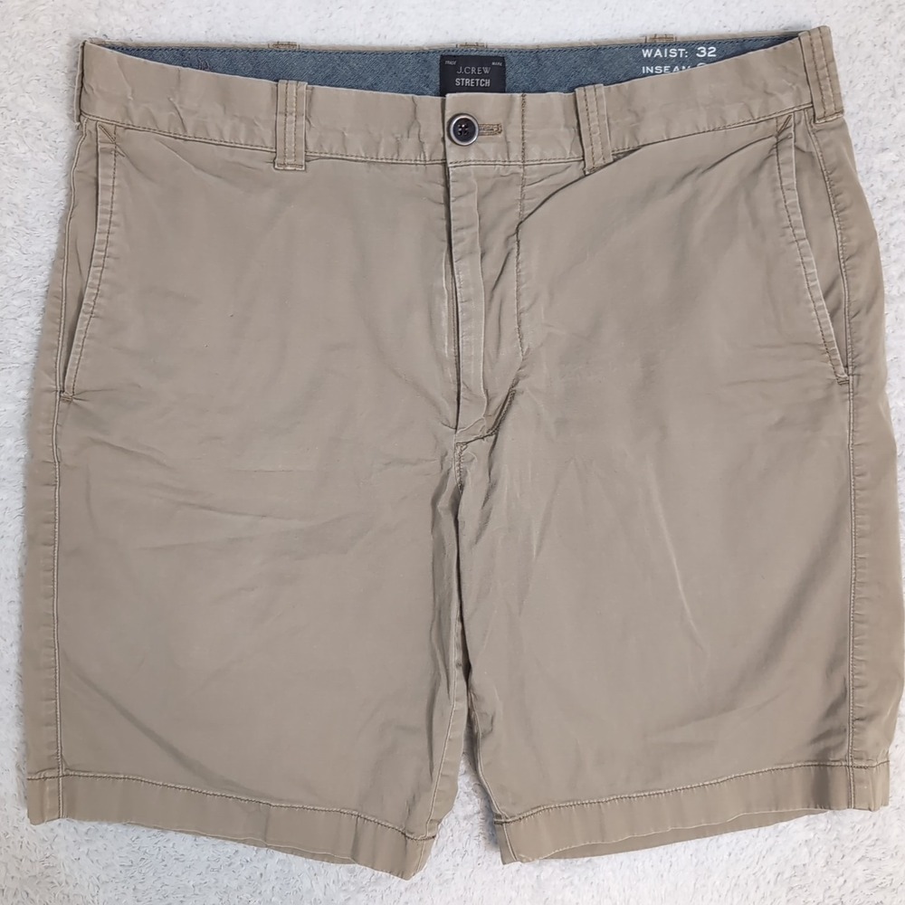 J Crew‎ Stretch Chino Shorts Men 32 8.5" Inseam Flat Front Beige Cotton Flexy